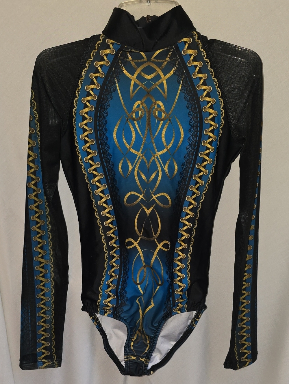 Alexandra Collection Scottish Long Sleeve Performance Leotard Blue/Black/Gold Y8